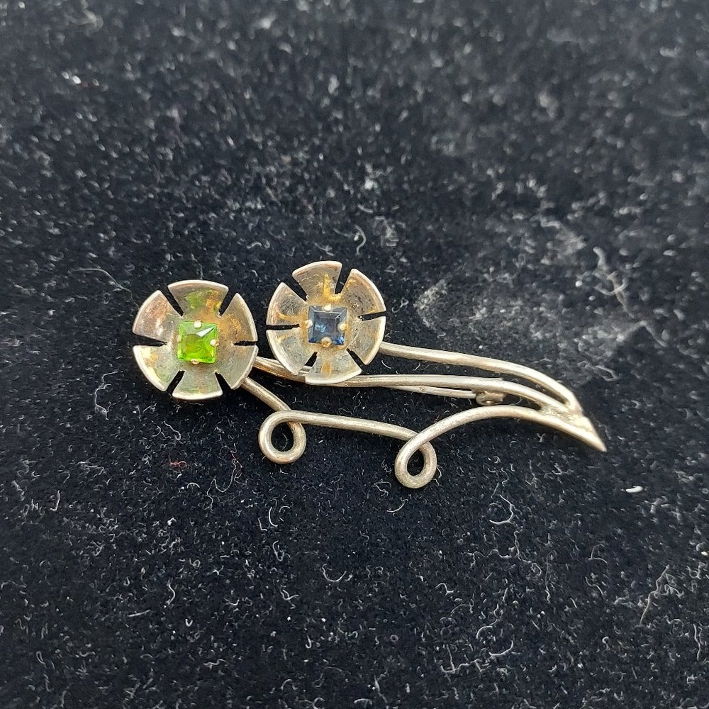 Sterling Silver Flower Pin Green Blue Square Gems Clasp Works Great
